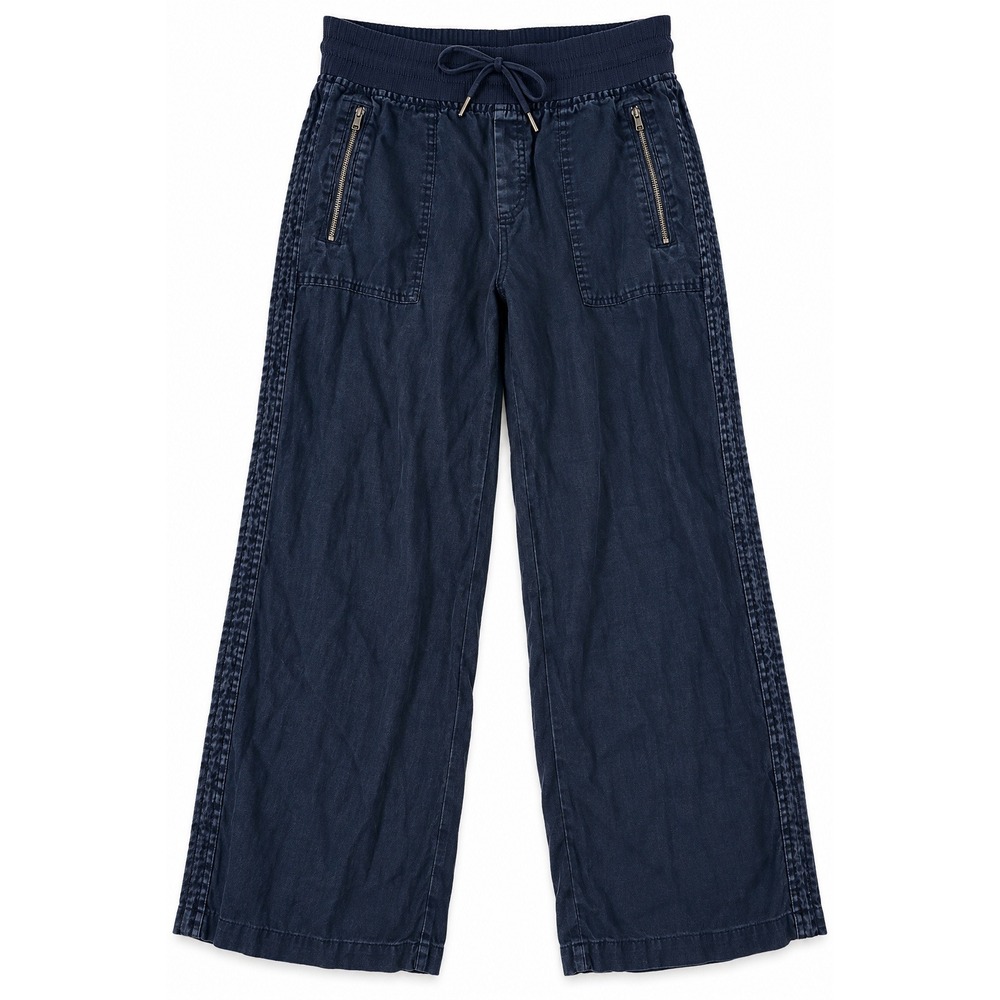 Athleta Linen Pants 8P Petite Navy Wide Leg Drawstring Zip Pocket Coastal